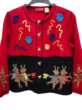 Onque Casuals Christmas Sweater Cardigan Womens Large Reindeer Candy Cane Button